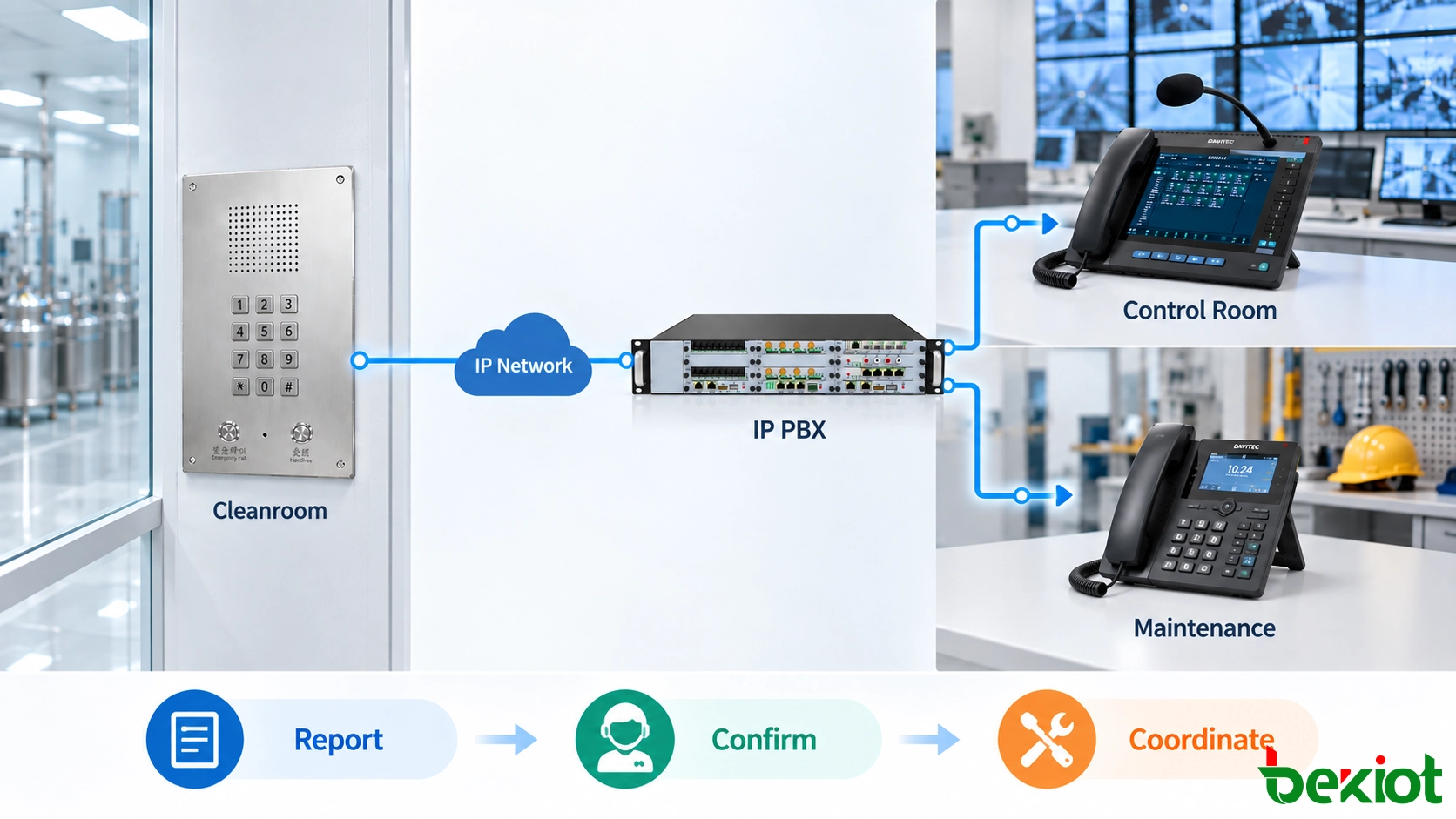 洁净室 SIP 电话通过 IP PBX 与控制室和维护人员通信