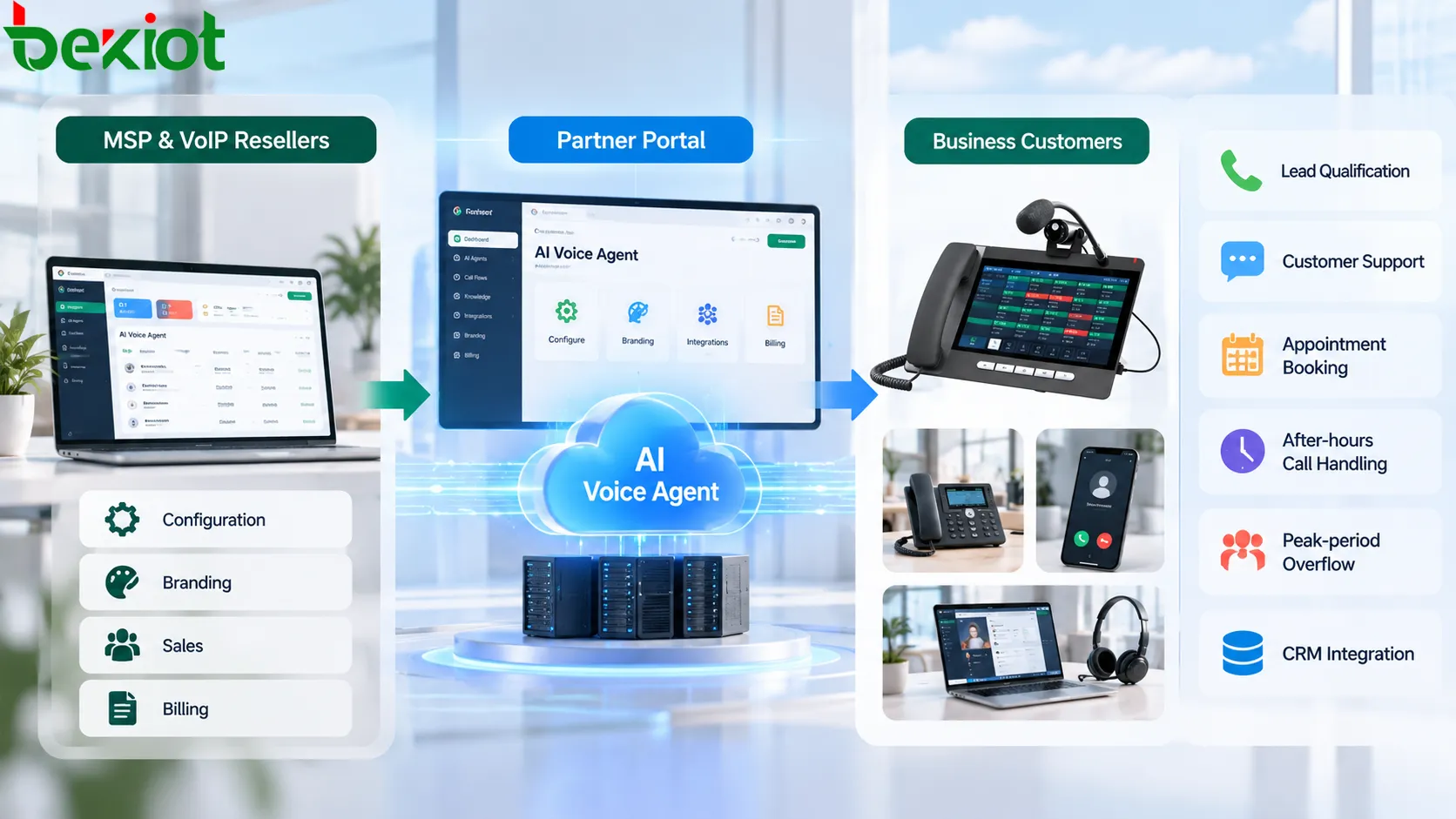 Voip Unlimited AI Agent 由 MSP 和 VoIP 经销商通过合作伙伴门户配置、进行品牌化销售和计费,再作为 AI 语音服务交付给企业客户