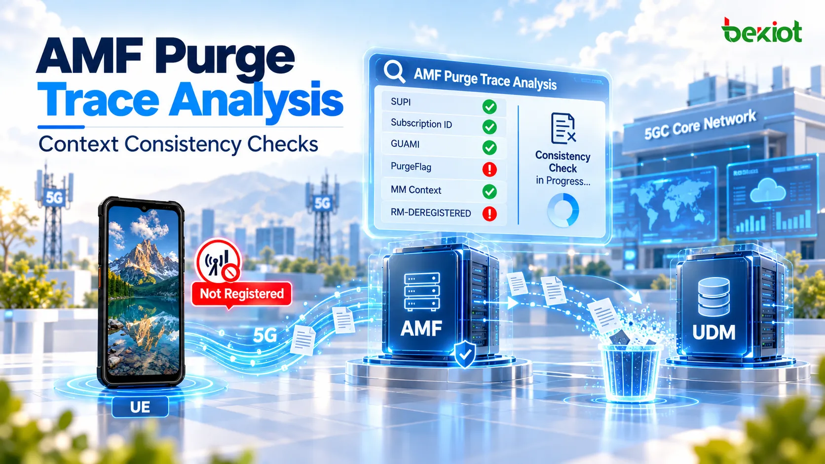 5GC AMF Purge 信令流程：AMF 先调用 Nudm SDM Unsubscribe 删除 UDM 中的用户数据订阅，再使用 GUAMI 和 PurgeFlag 执行 Nudm UECM Deregistration