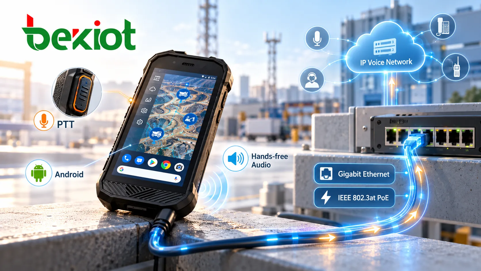 SVA 500 通过千兆以太网和 IEEE 802.3at PoE 接入 IP 语音网络，并利用实体 PTT 按钮、Android 软件和免提音频功能开展现场通信