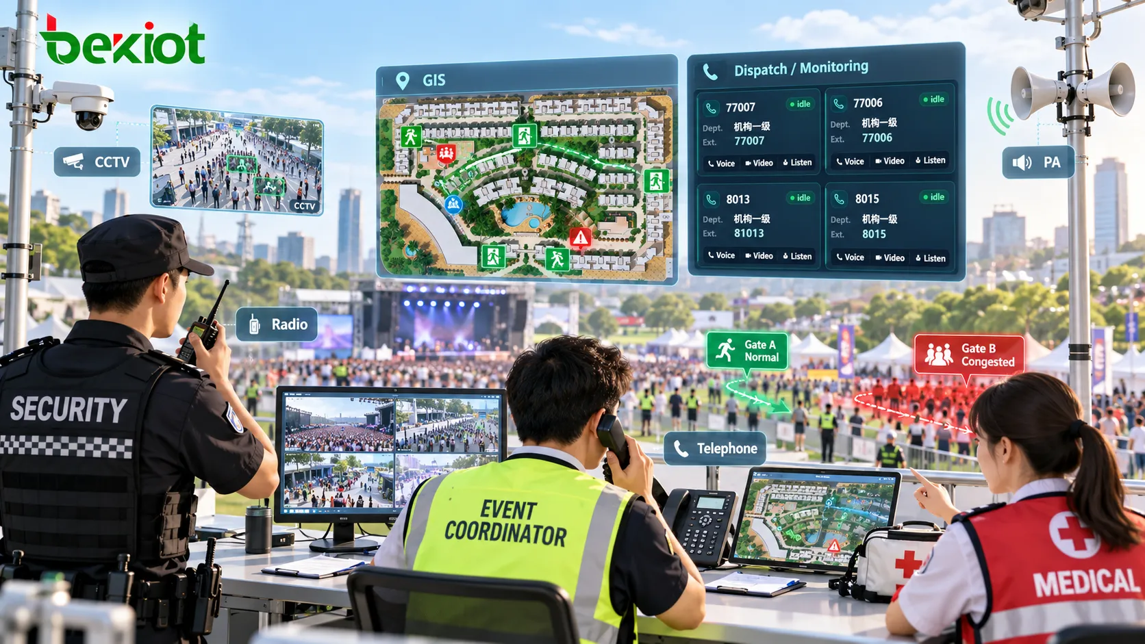 大型集会指挥中心利用CCTV、GIS地图、无线电、电话及公共广播系统实时监测人群密度和出口状态，并调度安保、医疗与现场人员