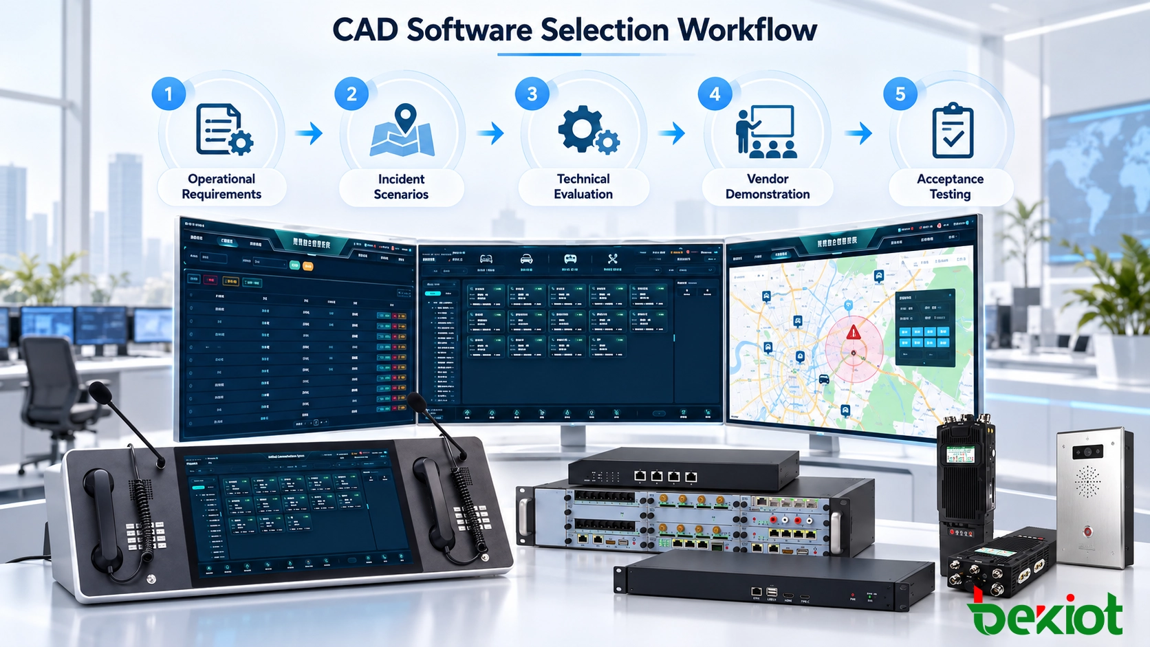 CAD 软件选型流程，展示运营需求、事件场景、评估标准和供应商验收测试